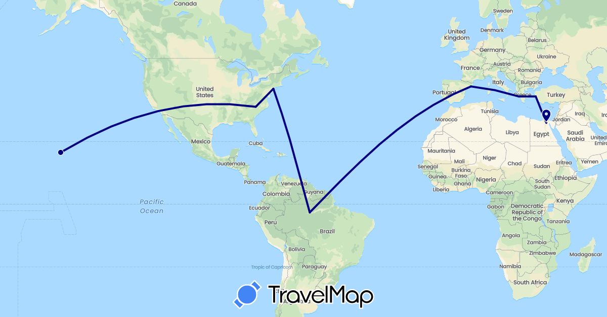TravelMap itinerary: driving in Brazil, Egypt, Spain, Greece, Turkey, United States (Africa, Asia, Europe, North America, South America)